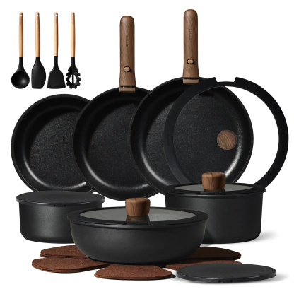 CAROTE 19/22/26pcs Pots and Pans Non Stick, Wooden Detachable Handle, Cookware Sets Induction Kitchen Pots and Pans,NonStick Cooking Set, Oven/Dishwasher/Fridge Safe, Space Saving